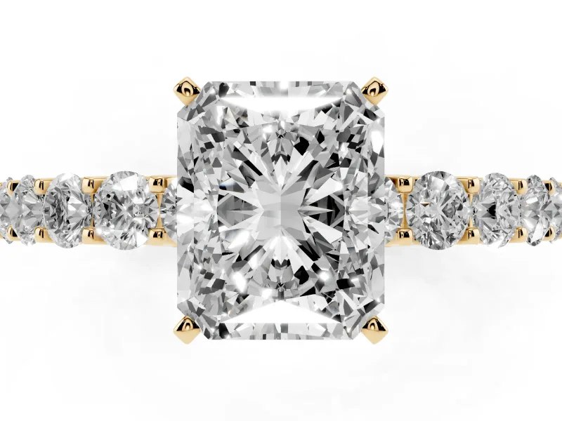 Radiant Cut Shared Prong Engagement Ring Setting | Two-Row Band | Yellow Gold