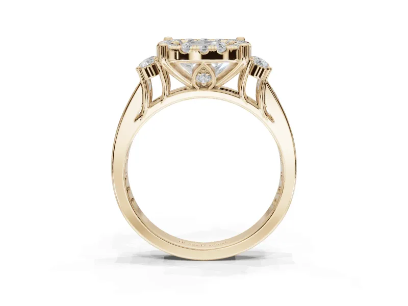 Cushion Cut Halo Side Cluster Engagement Ring Setting | Graduated Channel Band | Yellow Gold