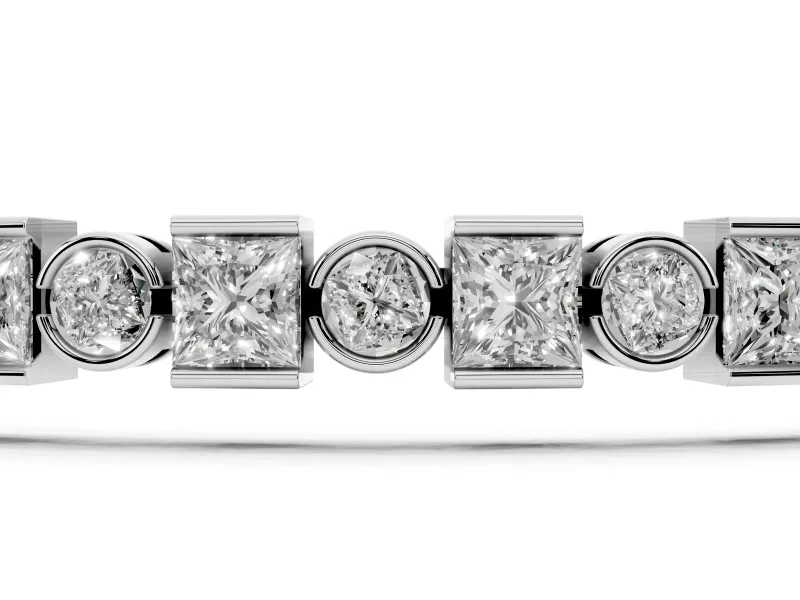 Round and Square Lab-Grown Diamond Bezel Tennis Bracelet | Bezel and Bar Set | White Gold