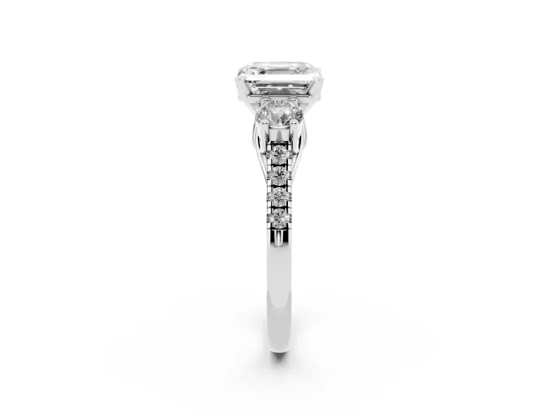 Asscher Cut Three-Stone Pavé Engagement Ring Setting | Round Side Stones | Sterling Silver