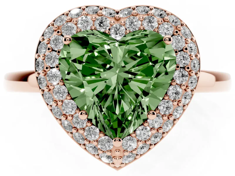 Fancy Green Heart Cut Diamond Halo Engagement Ring Set in Rose gold with Solitaire Band and Prong Setting