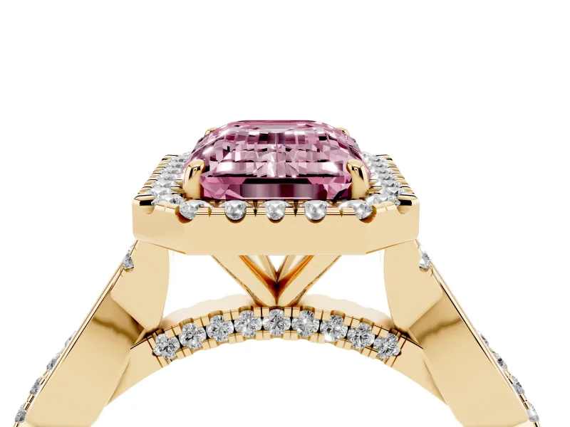 Emerald Cut Twist Halo Engagement Ring Setting for a Fancy Pink Lab-Grown Diamond | Yellow Gold
