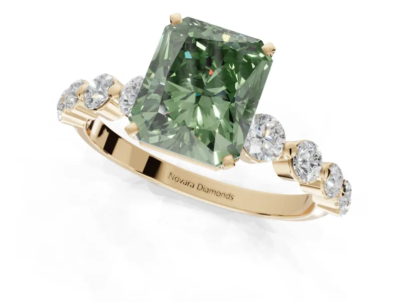 Radiant Cut Graduated Side Stone Engagement Ring Setting for a Fancy Green Lab-Grown Diamond | Yellow Gold