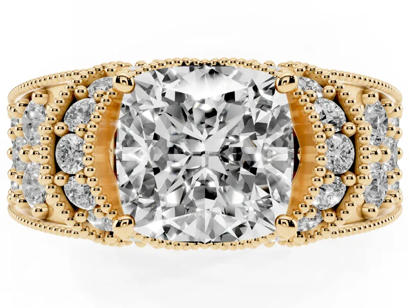 Cushion Cut Vintage Milgrain Pave Engagement Ring Setting | Crescent Side Rows | Yellow Gold