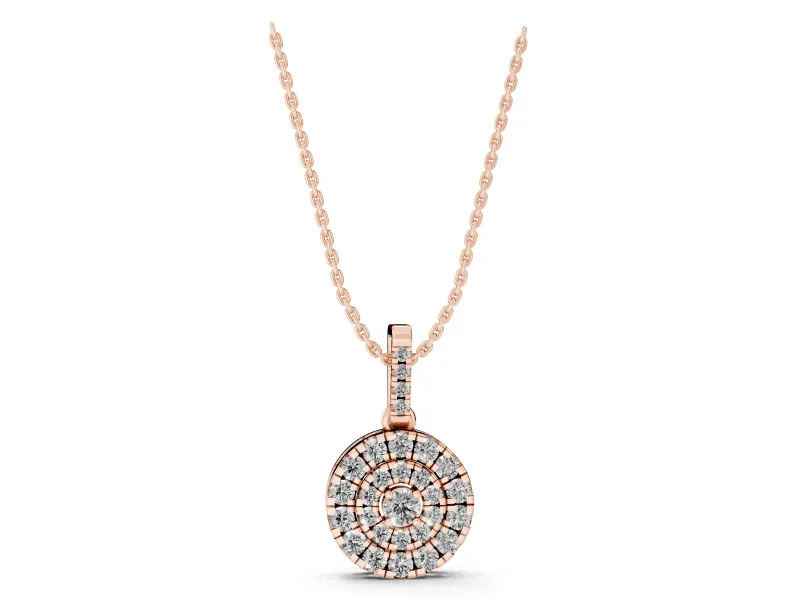 Round Lab-Grown Diamond Double Halo Disc Pendant Necklace | Pavé Bail | Rose Gold