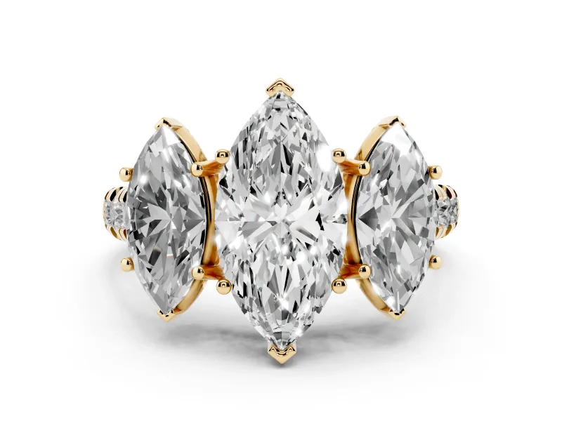 Marquise Cut Diamond Three-Stone Ring Set in Yellow gold with Pavé Band