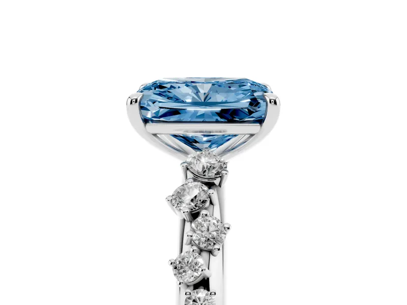 Fancy Blue Radiant Cut Diamond Cluster Solitaire Ring Set in Platinum with Prong Setting
