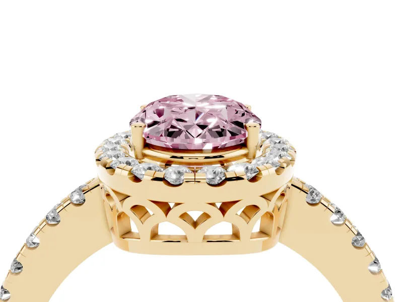 Oval Halo Engagement Ring Setting for a Fancy Pink Lab-Grown Diamond | Pavé Band | Yellow Gold