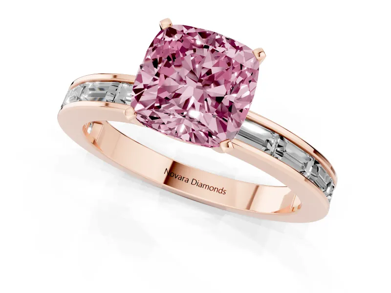 Fancy Pink Cushion Cut Diamond Solitaire Ring Set in Rose gold with Channel-Set Baguette Band and Prong Setting