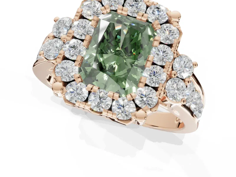 Radiant Cut Halo Engagement Ring Setting for a Fancy Green Lab-Grown Diamond | Graduated Channel Band | Rose Gold