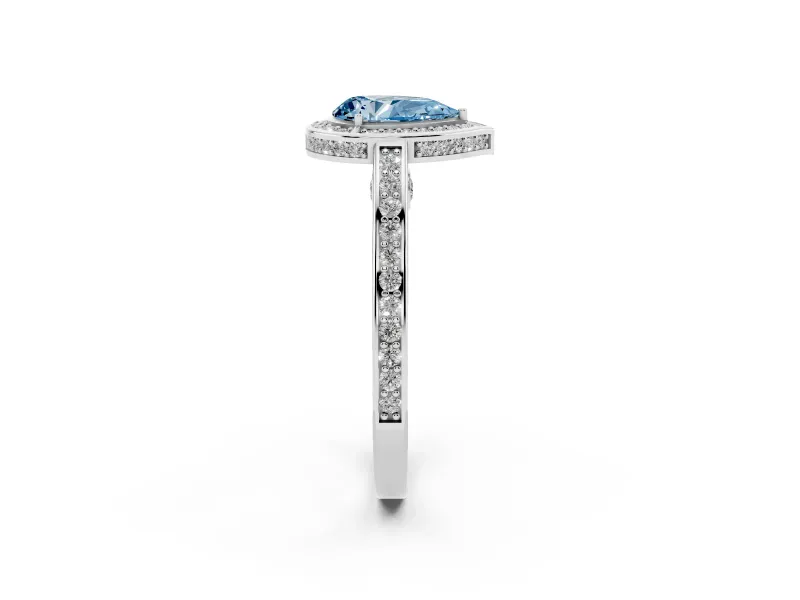 Fancy Blue Pear Cut Diamond Halo Pavé Split Shank Ring Set in White gold with Prong Setting