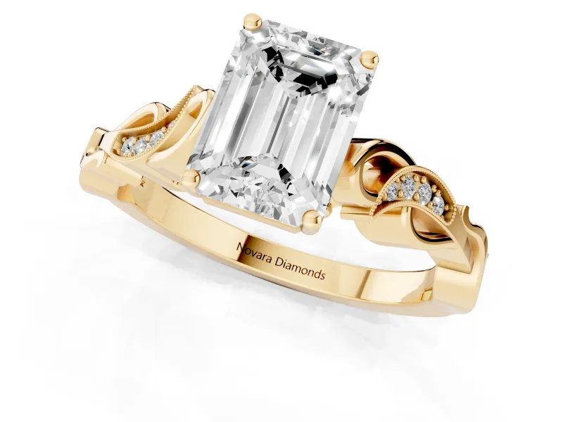 Emerald Cut Vintage Vine Solitaire Engagement Ring Setting | Milgrain Leaves | Yellow Gold
