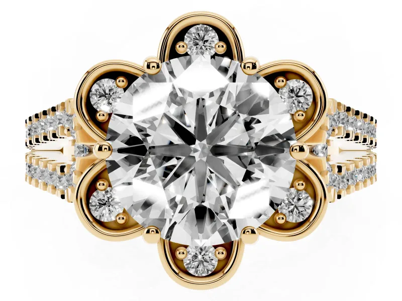 Round Petal Frame Floral Halo Engagement Ring Setting | Pavé Split Shank | Yellow Gold
