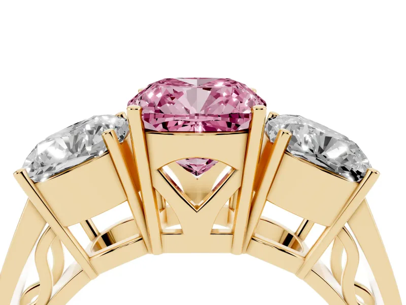 Cushion Cut Three Stone Engagement Ring Setting for a Fancy Pink Lab-Grown Diamond | Beaded Shoulders | Yellow Gold