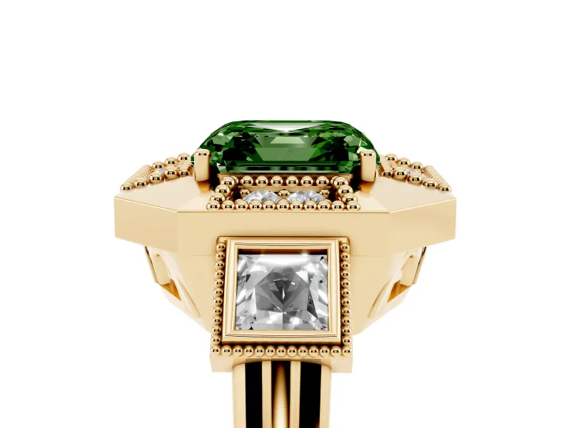 Asscher Cut Milgrain Sectioned Halo Engagement Ring Setting for a Fancy Green Lab-Grown Diamond | Yellow Gold