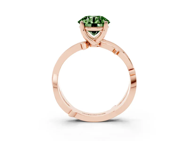 Fancy Green Round Cut Diamond Pavé Twist Band Solitaire Ring Set in Rose gold with Prong Setting