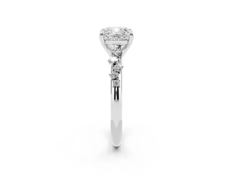 Cushion Cut Diamond Solitaire Vine Band Ring Set in White gold with Round Accents and Prong Setting