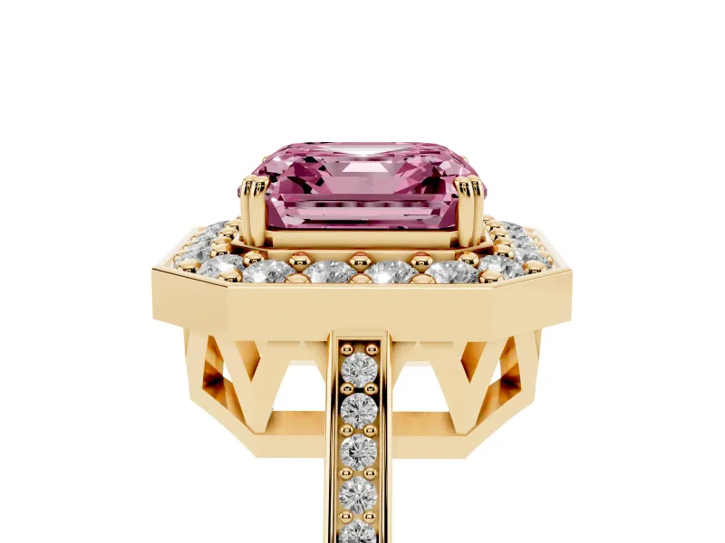 Asscher Cut Halo Engagement Ring Setting for a Fancy Pink Lab-Grown Diamond | Polished Halo Rim | Yellow Gold