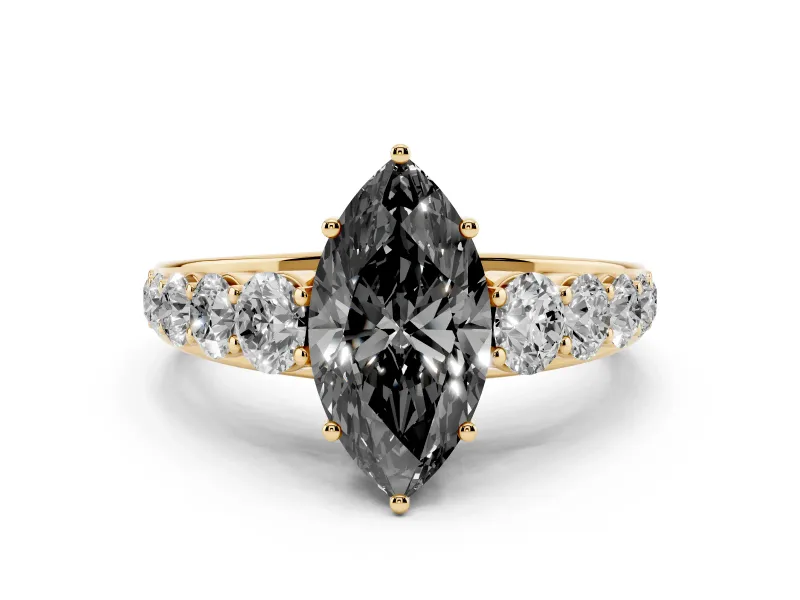 Fancy Black Marquise Cut Diamond Solitaire Ring Set in Yellow gold with Pavé-Set Band and Prong Setting