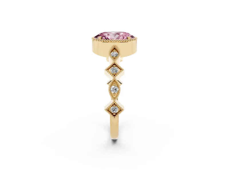 Fancy Pink Oval Cut Diamond Milgrain Marquise Twist Band Ring Set in Yellow gold with Prong Setting