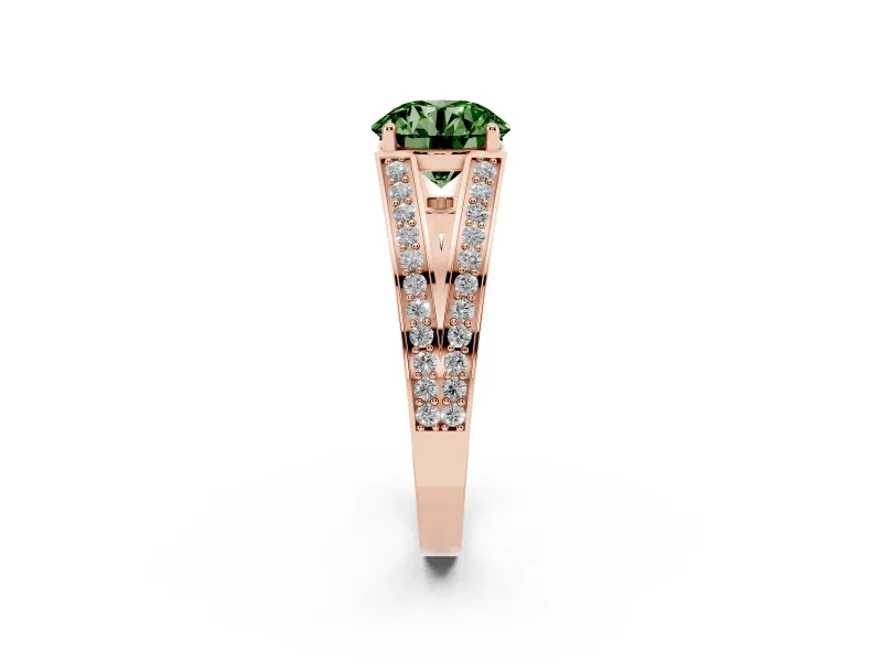 Fancy Green Round Cut Diamond Split Shank Ring Set in Rose gold with Pavé Band and Prong Setting