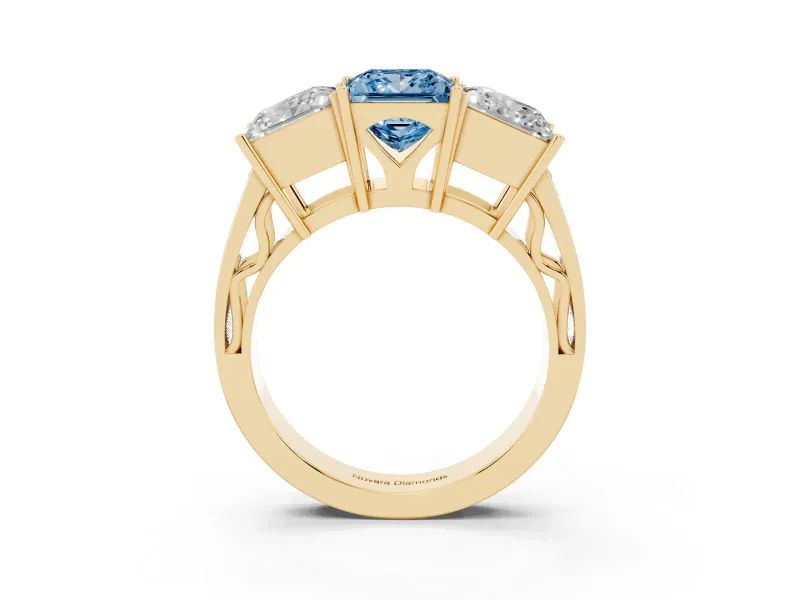 Princess Cut Three Stone Engagement Ring Setting for a Fancy Blue Lab-Grown Diamond | Beaded Shoulders | Yellow Gold