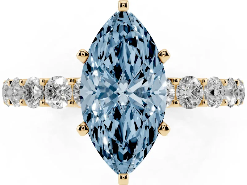 Fancy Blue Marquise Cut Diamond Solitaire Ring Set in Yellow gold with Shared Prong Pavé Band