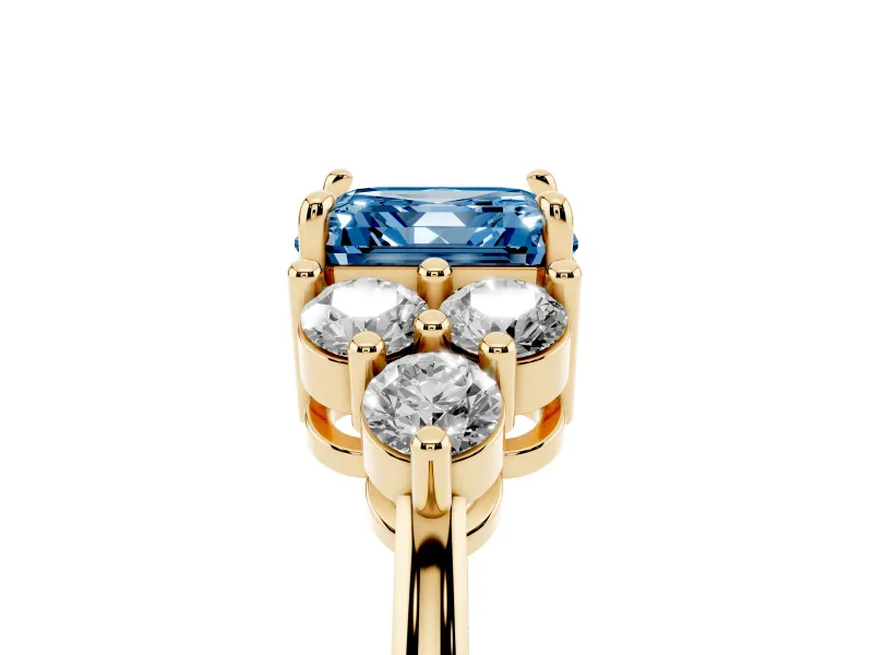 Asscher Cut Cluster Side Stone Engagement Ring Setting for a Fancy Blue Lab-Grown Diamond | Plain Band | Yellow Gold