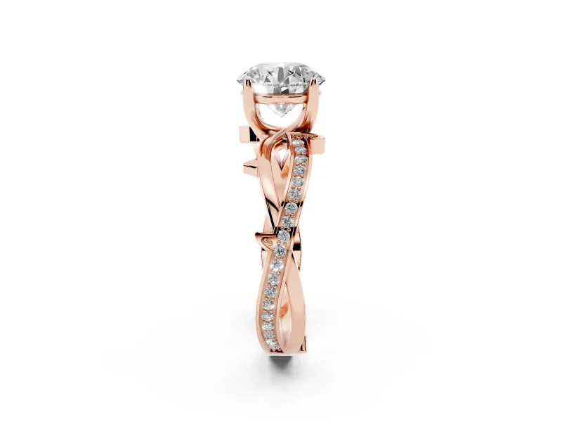 Round Cut Diamond Pavé Twist Band Solitaire Ring Set in Rose gold with Prong Setting