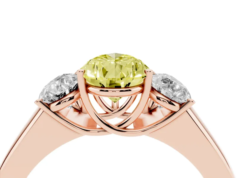 Fancy Yellow Three-Stone Pear Cut Diamond Ring Set in Rose gold with Matching Prong Settings and Plain Band