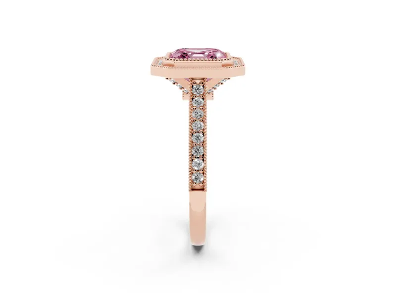 Asscher Cut Vintage Milgrain Halo Engagement Ring Setting for a Fancy Pink Lab-Grown Diamond | Bezel Head | Rose Gold