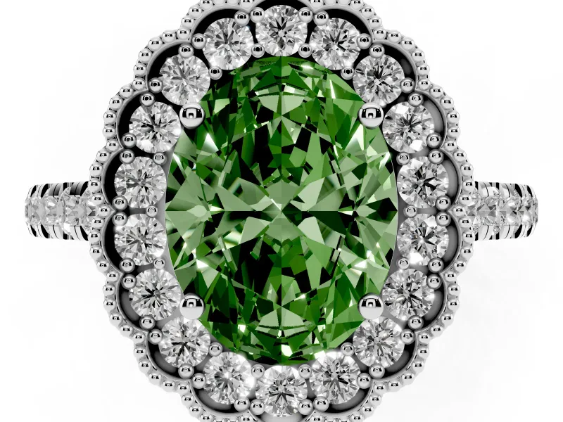 Fancy Green Oval Cut Diamond Milgrain Floral Halo Engagement Ring Set in White gold with Pavé Band