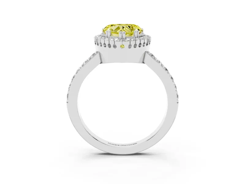 Fancy Yellow Heart Cut Diamond Halo Engagement Ring Set in Platinum with Milgrain Detail and Pavé Band