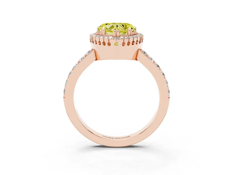 Fancy Yellow Heart Cut Diamond Halo Engagement Ring Set in Rose gold with Milgrain Detail and Pavé Band