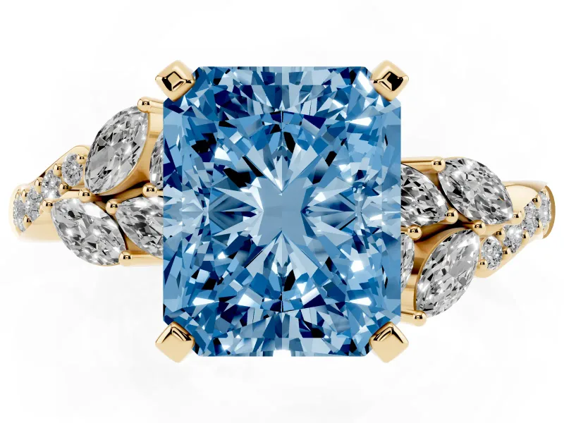 Radiant Cut Floral Engagement Ring Setting for a Fancy Blue Lab-Grown Diamond | Marquise Side Stones | Yellow Gold
