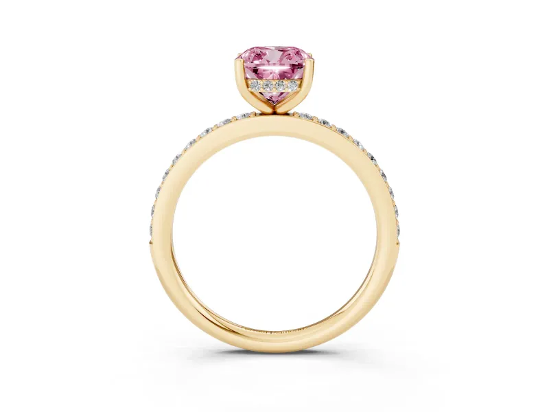 Fancy Pink Cushion Cut Diamond Pavé Band Ring Set in Yellow gold with Prong-Set Center Stone
