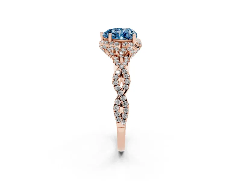 Heart-Shaped Milgrain Halo Engagement Ring Setting for a Fancy Blue Lab-Grown Diamond | Graduated Shoulders | Rose Gold