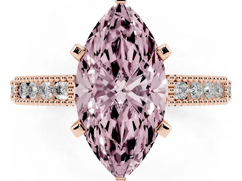 Fancy Pink Marquise Cut Diamond Solitaire Ring Set in Rose gold with Slim Pavé Band and Prong Setting