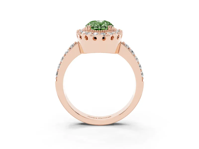 Fancy Green Oval Cut Diamond Halo Ring Set in Rose gold with Pavé Shank and Prong Setting
