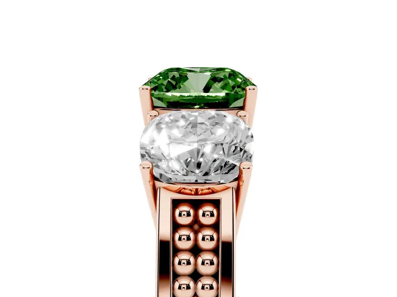 Fancy Green Cushion Cut Diamond Three-Stone Ring Set in Rose gold with Textured Band
