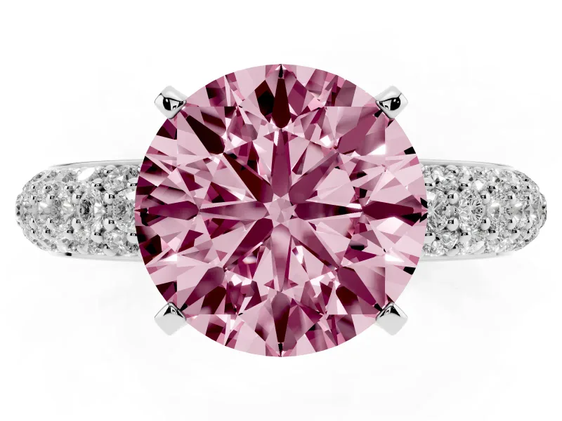 Fancy Pink Round Cut Diamond Solitaire Ring Set in Platinum with Prong Setting and Pavé-Set Band