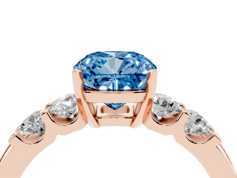 Fancy Blue Cushion Cut Diamond Five-Stone Prong Set Engagement Ring Set in Rose gold with Channel Band