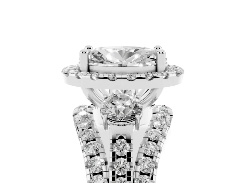 Oval Halo Split Shank Engagement Ring Setting | Round Side Stones | White Gold