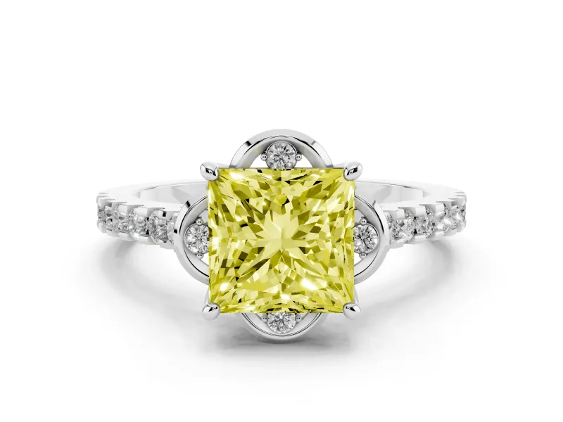 Fancy Yellow Princess Cut Diamond Solitaire Ring Set in Platinum with Pavé Band and Floral Prong Setting