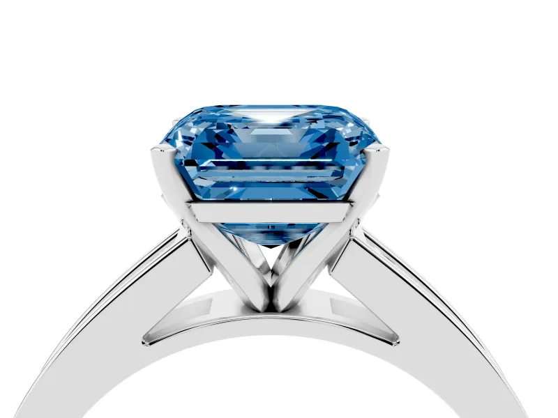 Fancy Blue Asscher Cut Diamond Solitaire Ring Set in White gold with Channel-Set Band and Prong Setting