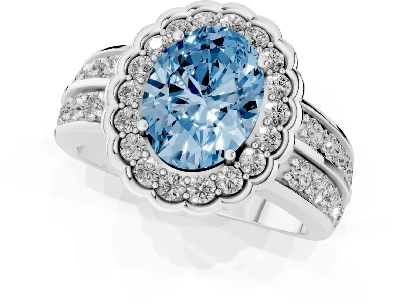 Oval Scalloped Halo Engagement Ring Setting for a Fancy Blue Lab-Grown Diamond | Double Row Band | Sterling Silver