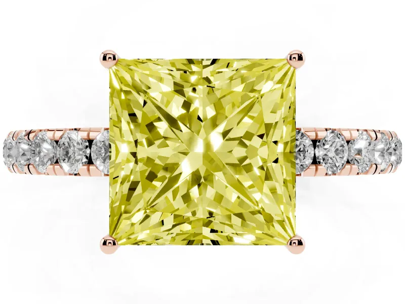 Princess Cut Pave Engagement Ring Setting for a Fancy Yellow Lab-Grown Diamond | Shared Prong Band | Rose Gold