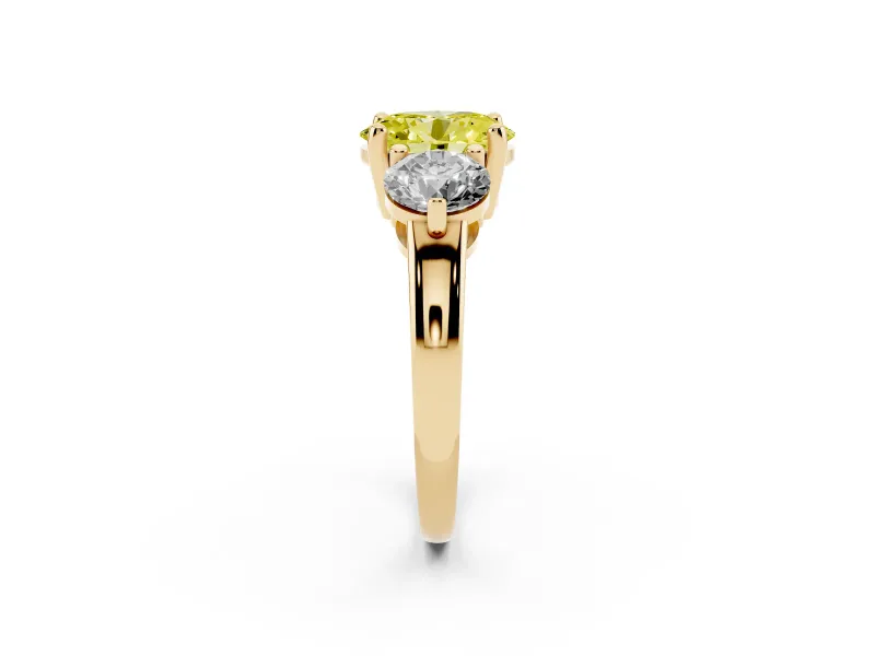 Oval Three Stone Engagement Ring Setting for a Fancy Yellow Lab-Grown Diamond | Open Prong Baskets | Yellow Gold