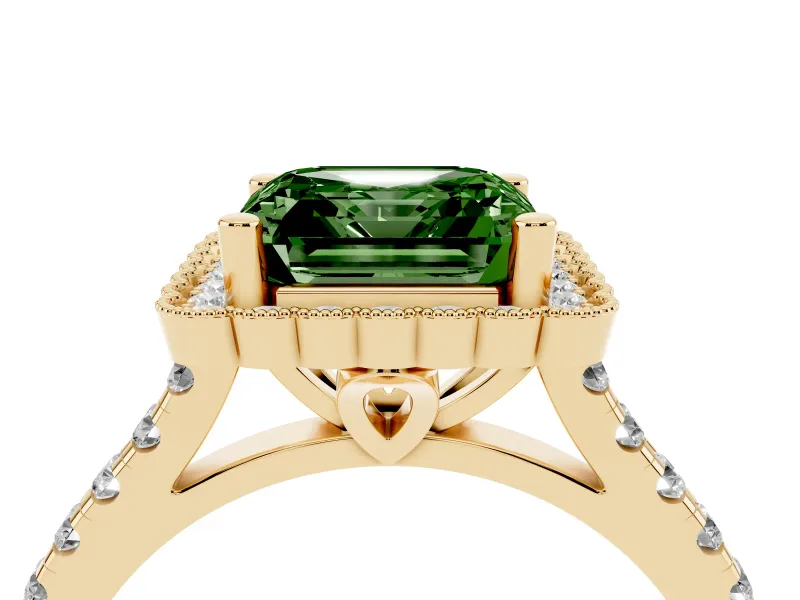 Fancy Green Asscher Cut Diamond Milgrain Floral Halo Engagement Ring Set in Yellow gold with Pavé Band