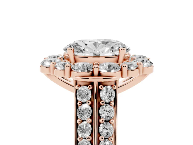 Oval Cut Diamond Halo Engagement Ring Set in Rose gold with Split Shank and Prong Setting